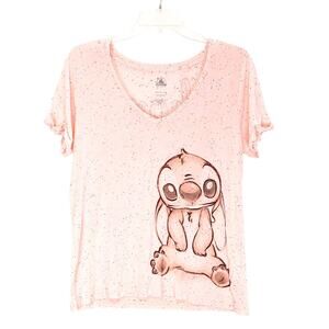 Disney Lilo and Stitch Ohana Means Family V-Neck T-Shirt Pink Womens Size Small